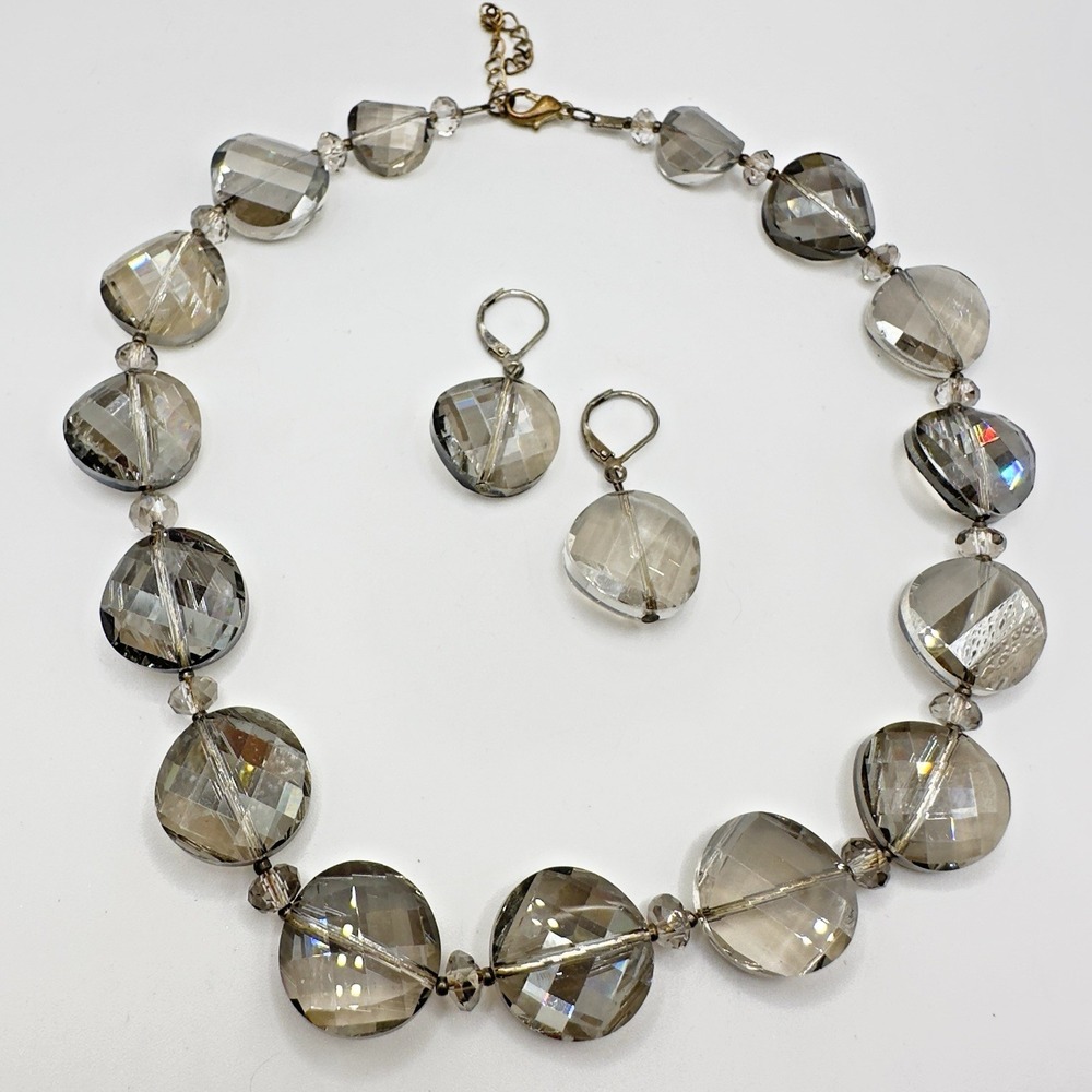 Faceted Glass Necklace & Earring Pierced Dangle Mirrored Clear Gray Sparkle 18"